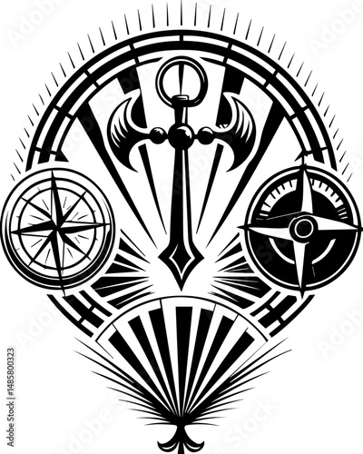 Vector SVG of ghostly shipwrights with skull motifs.Vintage Nautical Symbol Design with Compass, Anchor, and Art Elements