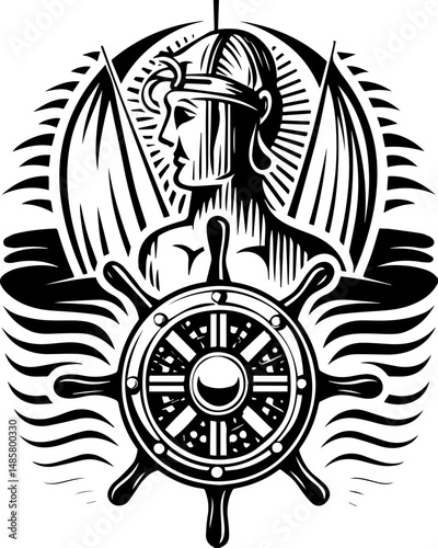 Vector SVG of ghostly shipwrights with skull motifs.Historical Nautical Symbol of Wisdom and Navigation in Black and White