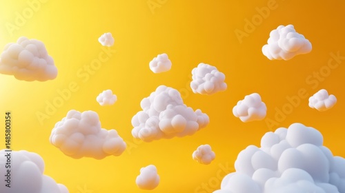 Stylized fluffy clouds floating in a bright yellow sky, 3D rendering style