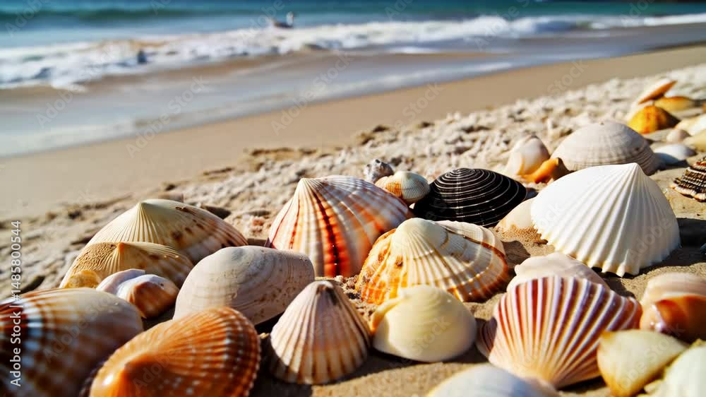 Seashells collection lying on beach sand with ocean waves in the background under bright sunlight