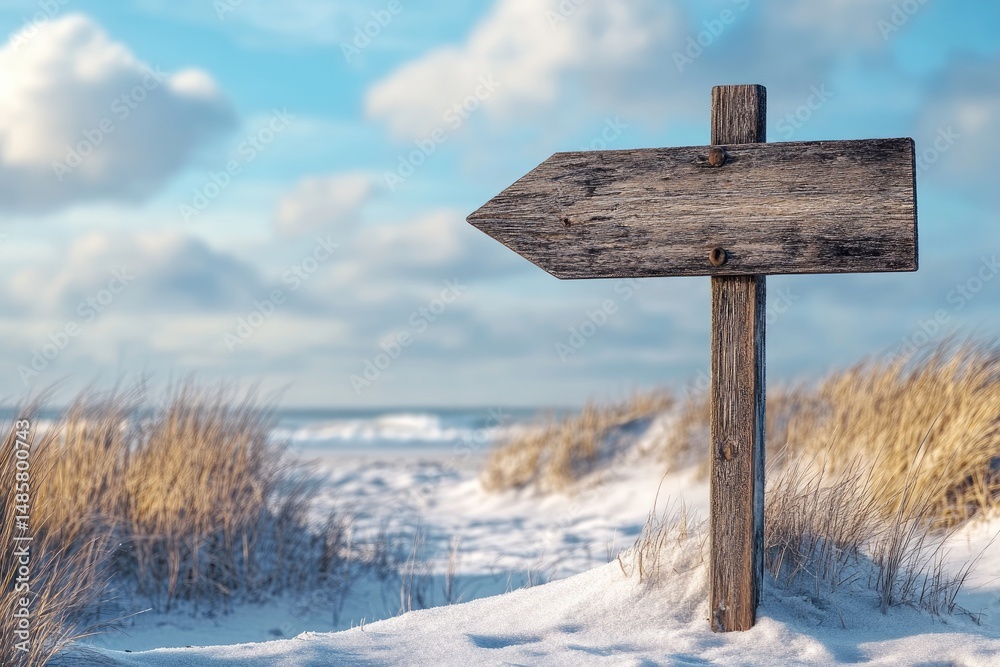 Naklejka premium Rustic wooden signpost on a snowy beach path