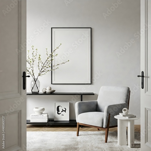 Frame mockup, ISO A paper size. Living room wall poster mockup. Interior mockup with house background. Modern interior design. 3D render 