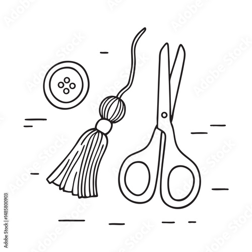 A tassel near scissor, button, thread, needle