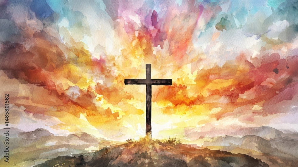 A serene and majestic landscape with a cross silhouette standing tall against a backdrop of vibrant cloud filled skies evoking a sense of divine and spiritual transcendence A serene and majestic landscape with a cross silhouette standing tall against a backdrop of vibrant cloud filled skies evoking a sense of divine and spiritual transcendence