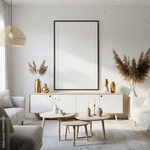 Frame mockup, ISO A paper size. Living room wall poster mockup. Interior mockup with house background. Modern interior design. 3D render 