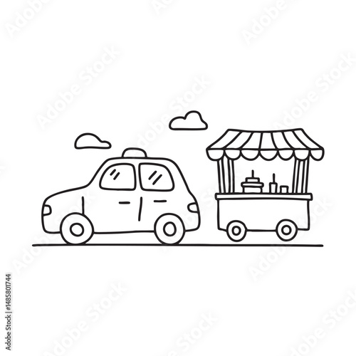 A taxi beside a food cart on a busy roadside