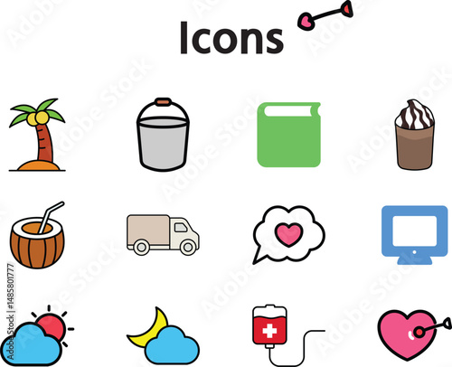 Cute Multi-Theme Icon Set Illustration with 15 Unique Elements