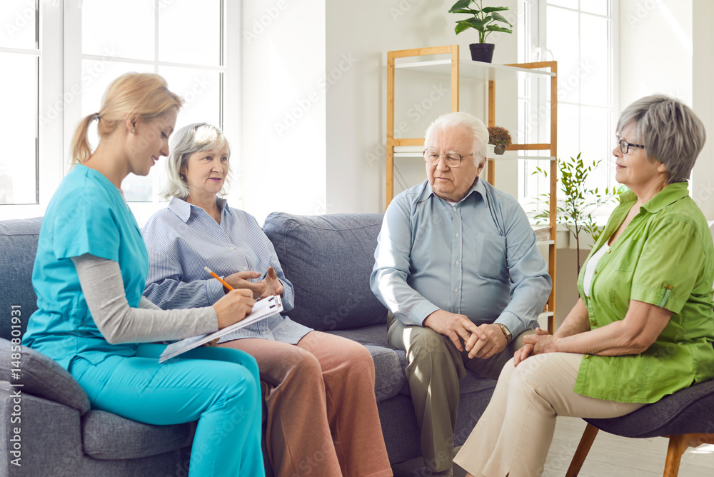 Doctor or nurse performing a medical checkup for a group of senior patients in a nursing home. Focus is on healthcare, regular medical assessments, and the dedicated care provided to elderly patients. Doctor or nurse performing a medical checkup for a group of senior patients in a nursing home. Focus is on healthcare, regular medical assessments, and the dedicated care provided to elderly patients.