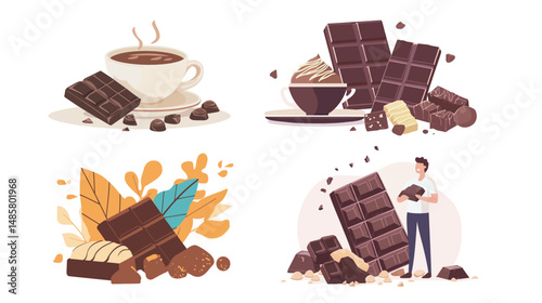 Colorful vector illustration celebrating World Chocolate Day, featuring chocolate bars, cocoa beans, sweets, and festive elements, perfect for holiday designs, confectionery promotions