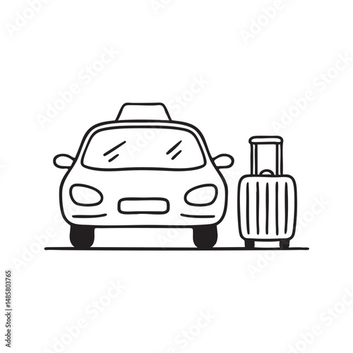 A taxi waiting near a suitcase at the airport drop off photo