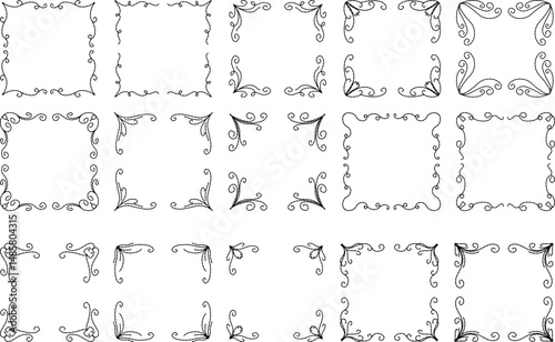 Hand-drawn ornate square frames and corner decorations – vintage floral border elements for invitations, certificates, greeting cards, scrapbooking, and elegant decorative designs

