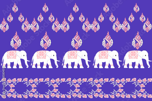 traditional Thai vector illustration featuring a row of white elephants adorned with intricate floral patterns and topped with symbolic Thai kanok flame motifs. The vivid purple background and pastel 
