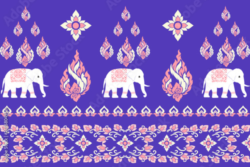 traditional Thai vector illustration featuring a row of white elephants adorned with intricate floral patterns and topped with symbolic Thai kanok flame motifs. The vivid purple background and pastel 