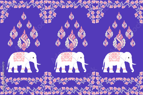 traditional Thai vector illustration featuring a row of white elephants adorned with intricate floral patterns and topped with symbolic Thai kanok flame motifs. The vivid purple background and pastel 