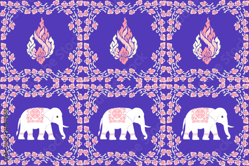 traditional Thai vector illustration featuring a row of white elephants adorned with intricate floral patterns and topped with symbolic Thai kanok flame motifs. The vivid purple background and pastel 