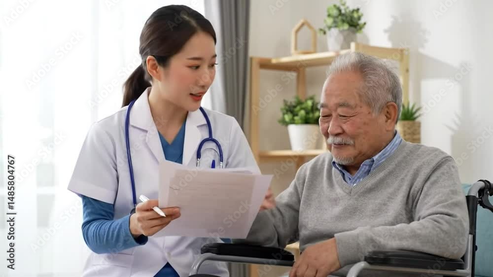 Compassionate Asian Doctor Reviews Paperwork with Elderly Patient in Wheelchair with Clear Communication and Supportive Care in White Background Home Compassionate Asian Doctor Reviews Paperwork with Elderly Patient in Wheelchair with Clear Communication and Supportive Care in White Background Home