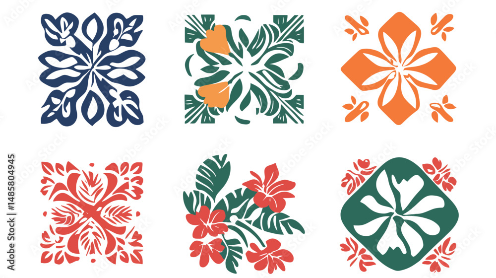 Vector Art of Hawaiian Quilt Patterns with Flowers — Traditional Ethnic Symmetrical Design Vector Art of Hawaiian Quilt Patterns with Flowers — Traditional Ethnic Symmetrical Design