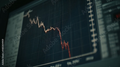 Stock market graph showing significant decline with red line on computer screen reflecting economic downturn and market volatility