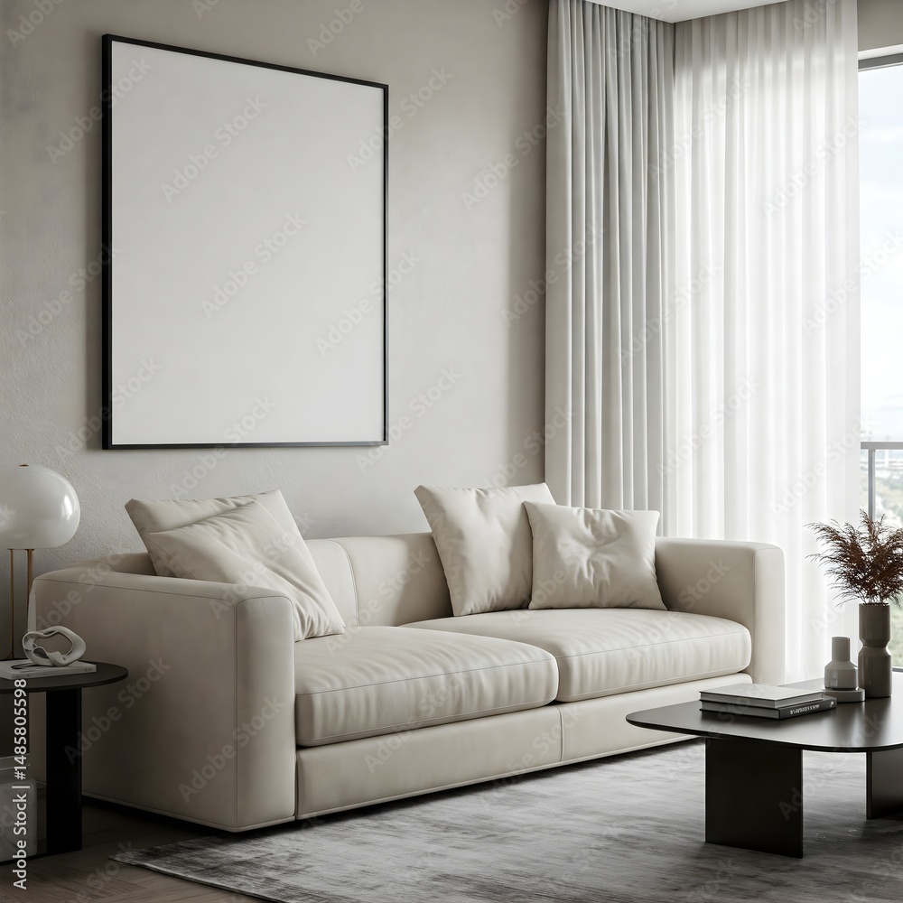 Fototapeta premium Frame mockup, ISO A paper size. Living room wall poster mockup. Interior mockup with house background. Modern interior design. 3D render 