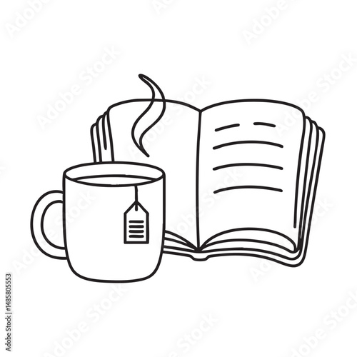 A tea bag steeping in a mug near an open notebook