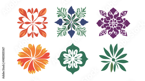 Vector Art of Hawaiian Quilt Patterns with Flowers — Traditional Ethnic Symmetrical Design