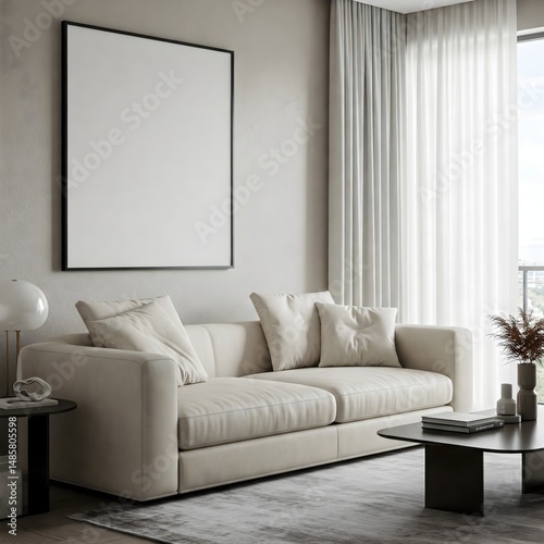 Frame mockup, ISO A paper size. Living room wall poster mockup. Interior mockup with house background. Modern interior design. 3D render 