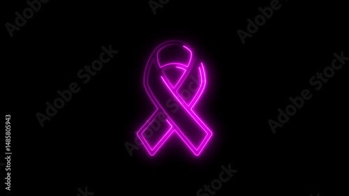 Glowing neon pink awareness ribbon on black background represents hope and support