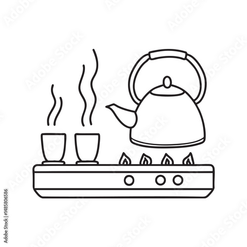 A tea kettle boiling beside cups on a stove