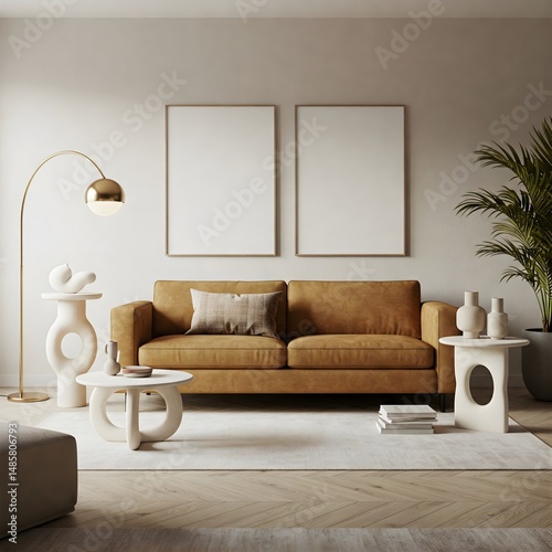 Frame mockup, ISO A paper size. Living room wall poster mockup. Interior mockup with house background. Modern interior design. 3D render 