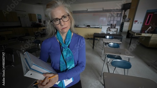 Εκτύπωση καμβά Portrait of unhappy mature woman teacher dressed in professional attire stands alone in a quiet classroom