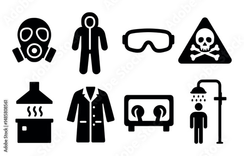 Safety equipment icons: mask, suit, goggles, hazard sign, shower