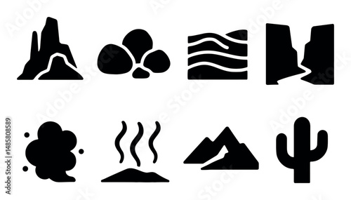 Set of eight bold black nature and landscape silhouette icons