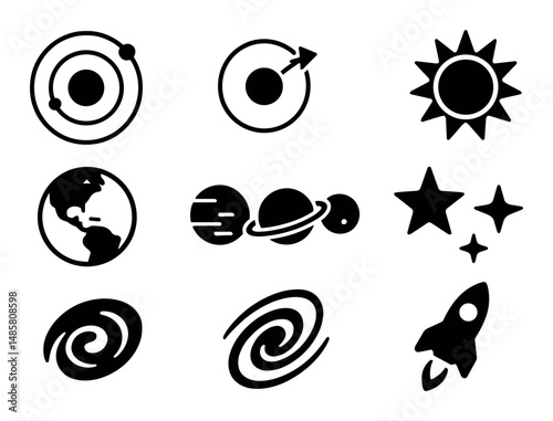 Space icons: planets, sun, earth, stars, galaxy, rocket art
