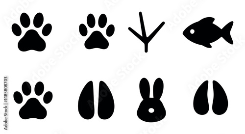 Animal tracks and silhouettes: dog, bird, fish, rabbit symbols
