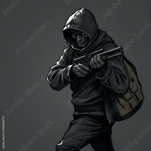 thief in action, armed and carrying a bag