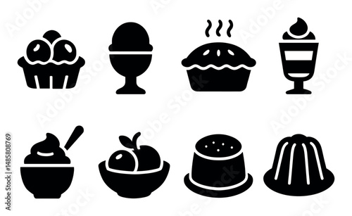 Assorted dessert icons: cupcake, pie, pudding, ice cream