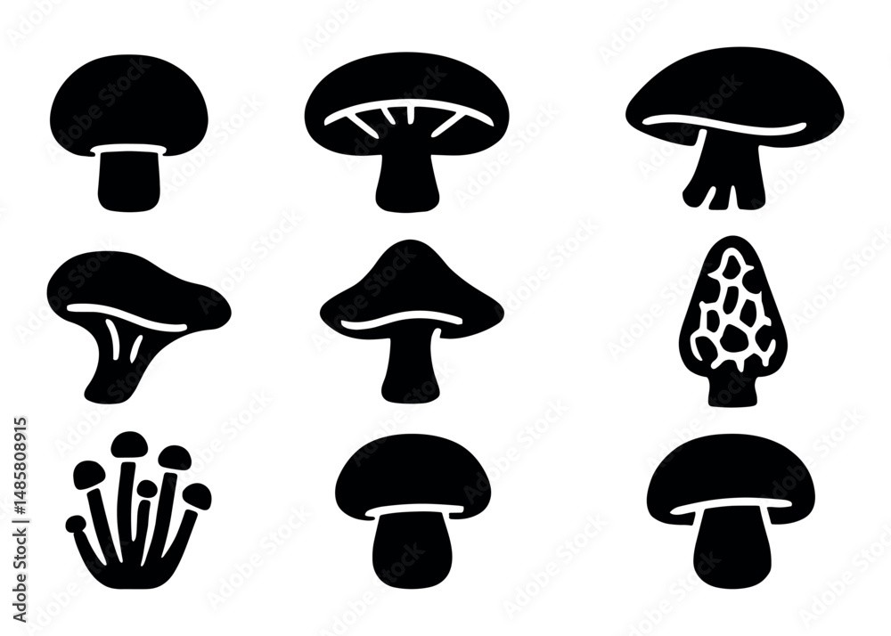 Silhouette illustrations of various mushroom species on white Silhouette illustrations of various mushroom species on white