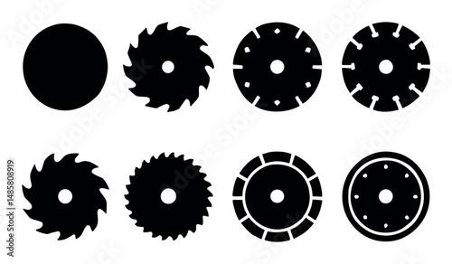 Set of eight black circular saw blade silhouettes in various designs