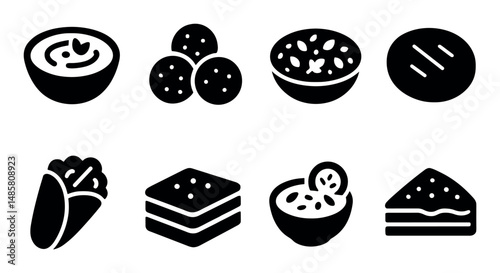 Assorted food icons: soup, snacks, and desserts silhouette set