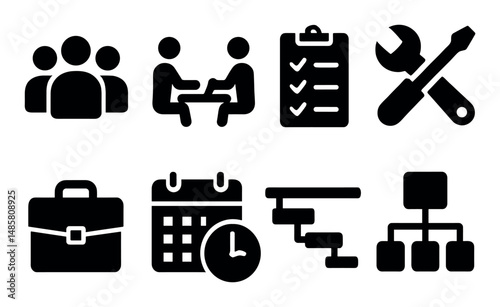 Icons representing business tools and project management concepts