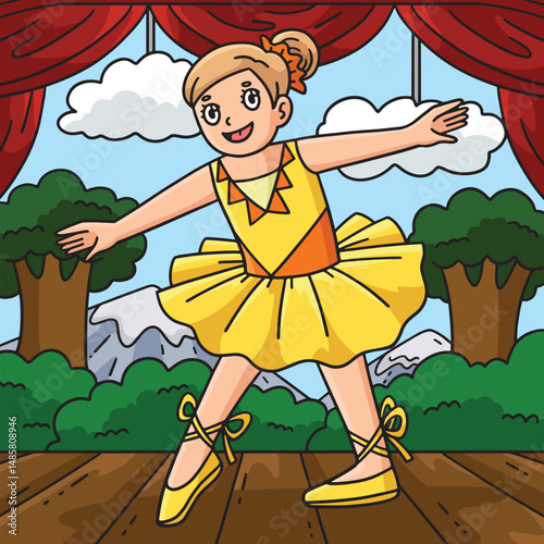 Ballerina doing Tendu Colored Cartoon Illustration