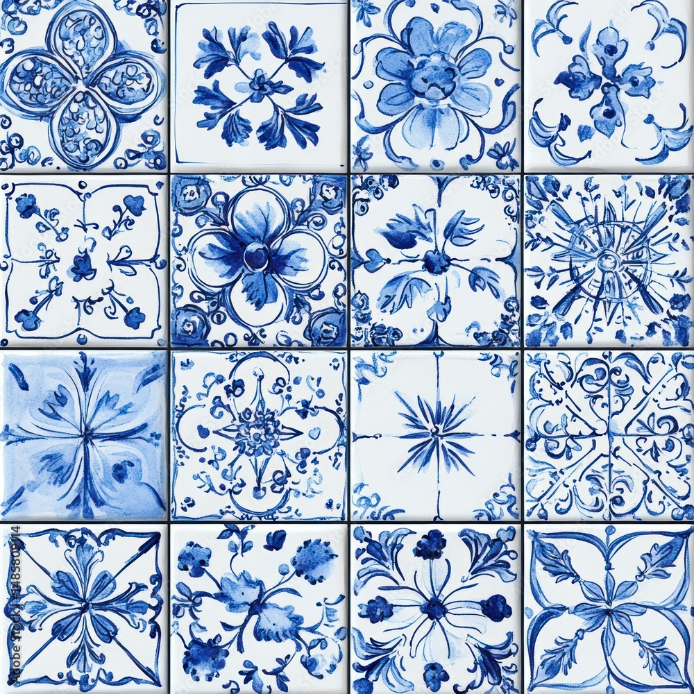 close-up of sixteen blue and white ceramic tiles with various floral and geometric patterns arranged in a grid close-up of sixteen blue and white ceramic tiles with various floral and geometric patterns arranged in a grid
