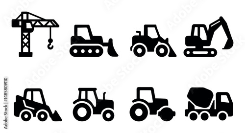 Silhouettes of construction vehicles and machinery icons set