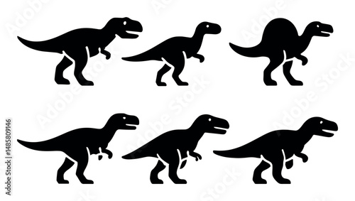 Silhouette of six different dinosaur species in various poses