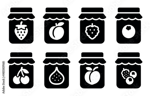 Icons of jam jars with various fruits in simple black and white