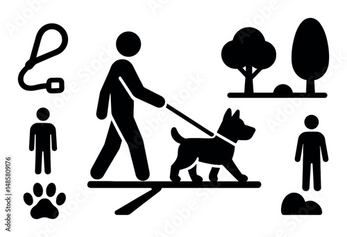 Person walking dog in park with trees and leash icons