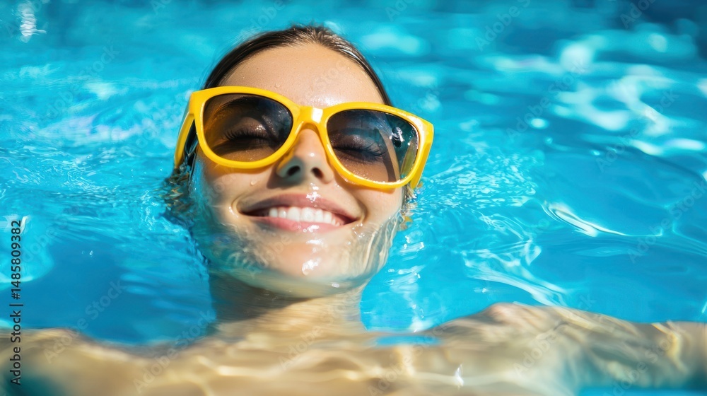 Naklejka premium Woman floating in pool with sunglasses