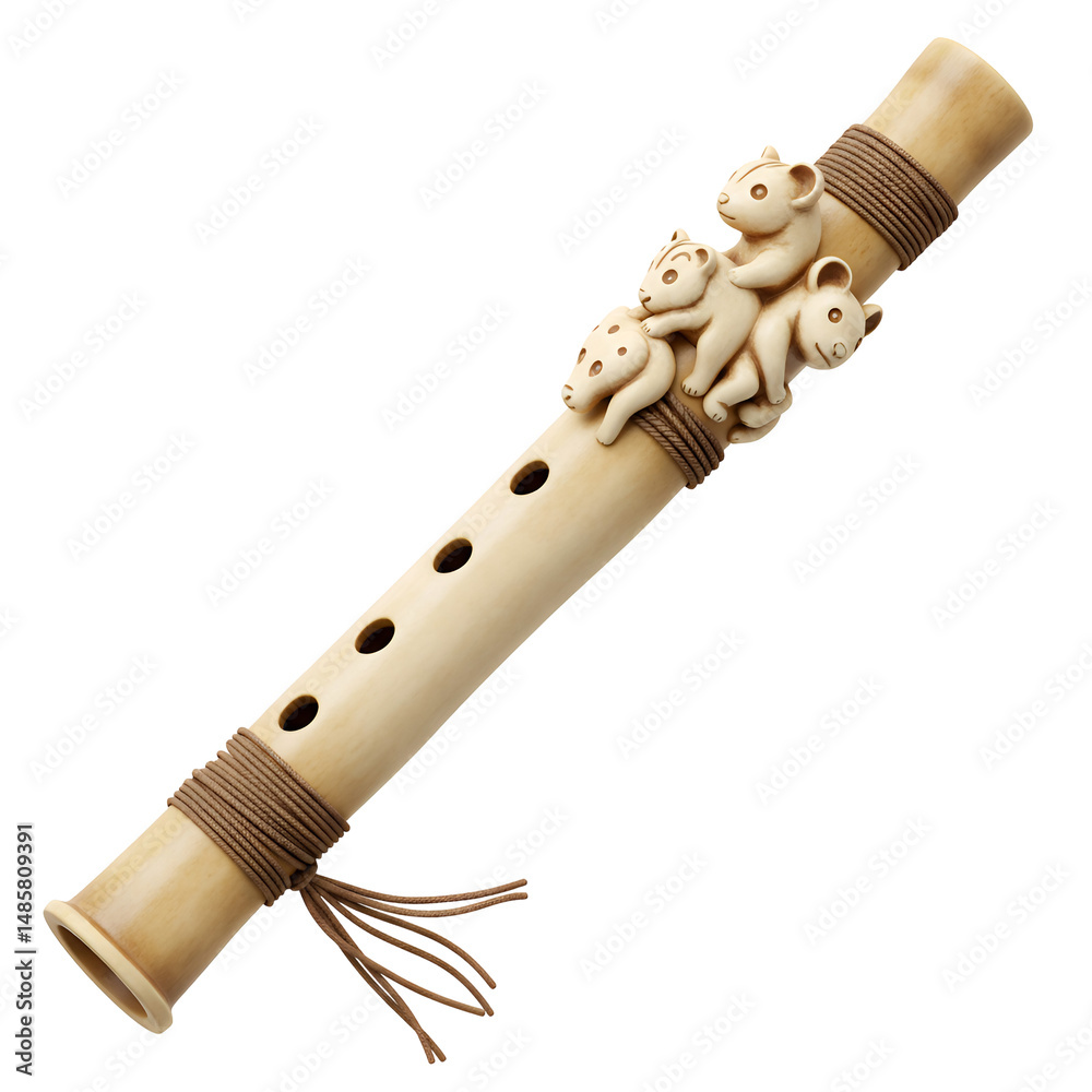 Naklejka premium 素朴な竹笛 愛らしい動物彫刻 温かい光で輝く