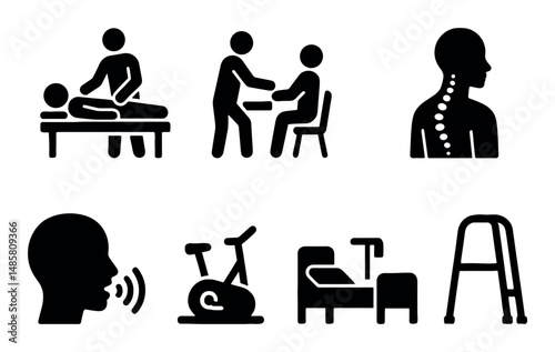 Physical therapy icons: massage, consultation, exercise bike, walker