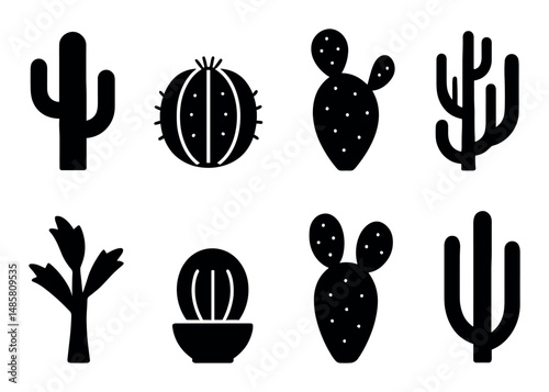 Set of eight cactus silhouettes in various shapes and styles